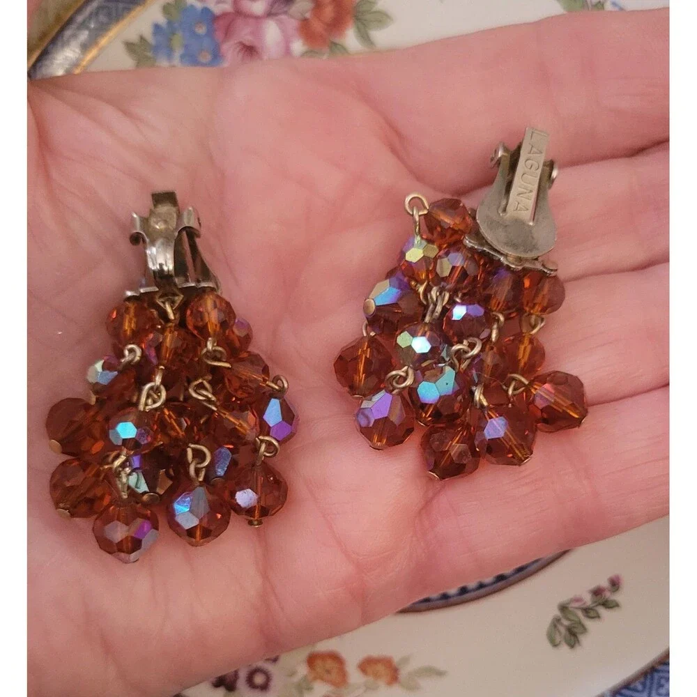 Laguna Topaz Aurora Borealis Clip-On Dangle Earrings - Signed - 1960's